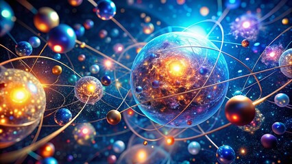 Obraz premium Abstract Glowing Atoms in a Dark Blue Space: A Stunning Visual Representation of Quantum Particles and Molecular Structures in a Cosmic Environment