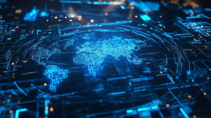A digital rendering of a glowing blue world map surrounded by data.