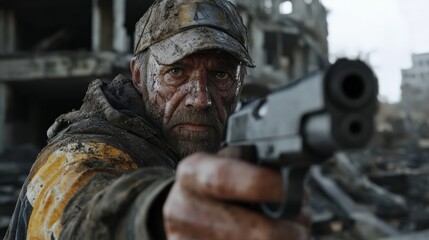 Obraz premium A gritty portrait of a determined man holding a gun in a war-torn city. He embodies strength and survival in the face of despair.