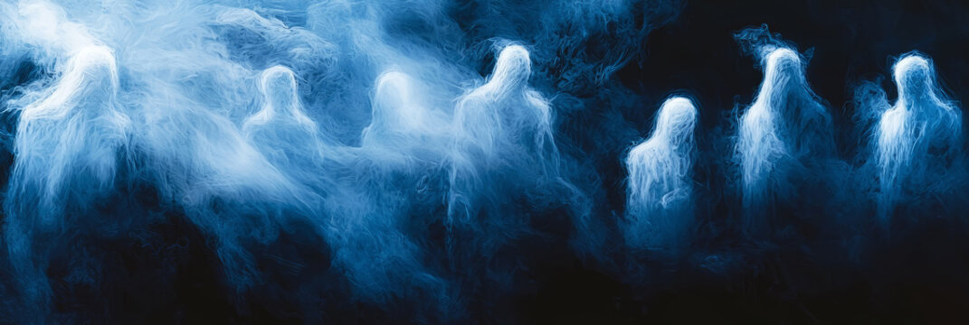 Wisps of mist form translucent figures floating through a forest.