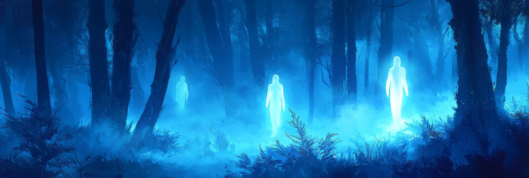 Wisps of mist form translucent figures floating through a forest. - Powered by Adobe