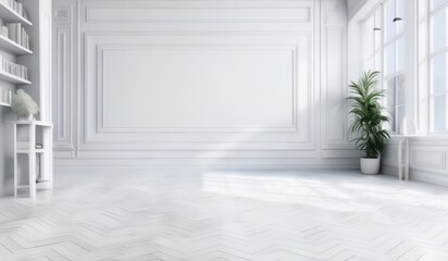 Fototapeta premium a rendering of a white room with a book shelf and a plant
