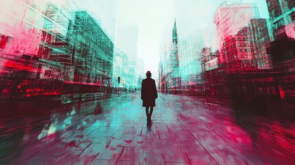 A person walks down a street in a futuristic city. The image is styled with glitch effects.