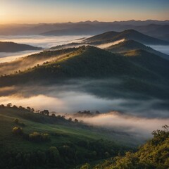 A serene sunrise over misty mountains.