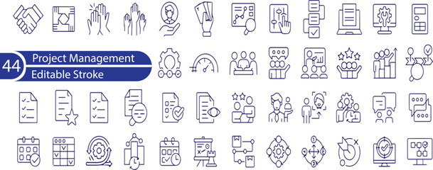 Business project icon collection set. Containing innovation, growth, workflow, accounting, management, production line, validation icons and more.