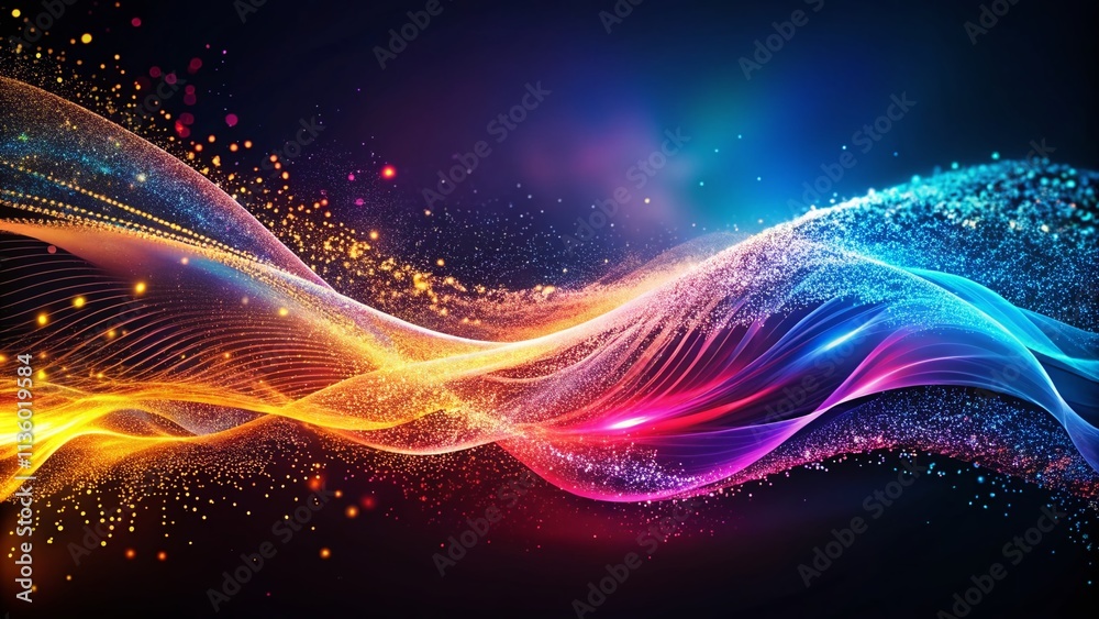 Poster abstract particle flowing wave design featuring sharp angles and contrasting colors for professional