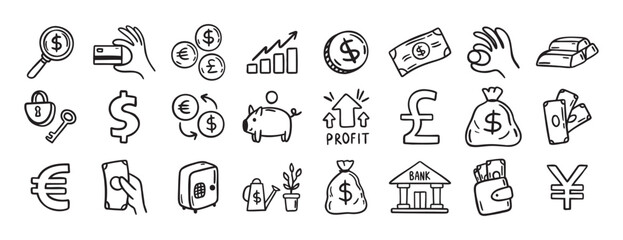 Money, finance and currency doodle set. doodle hand drawn icon set. Outline drawing dollar Banknotes, coins, money bag line clipart symbol collection © Yanka