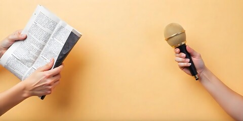 Female hands with microphones and newspapers on beige background