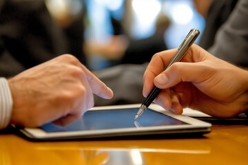 Close-up of hands holding a tablet and working together on a digital marketing plan in the office. 