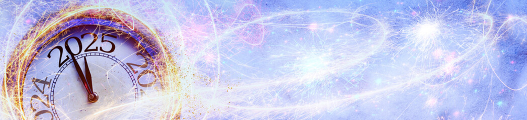 2025 New Year Greeting Card - Background with Countdown Clock to Midnight and Fireworks -  Abstract...