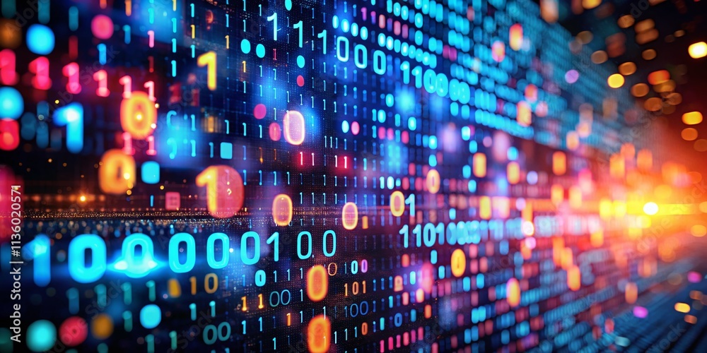 Poster abstract tilt-shift photography of binary code with glowing lights and falling digits on a dark back