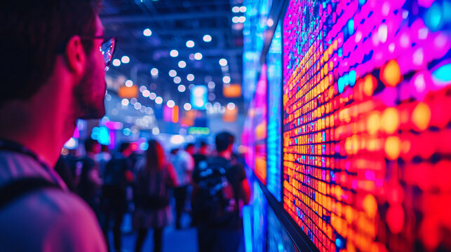 man observes vibrant digital display at high tech convention center