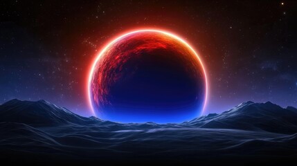 Celestial events planetary rising over alien landscape digital art cosmic environment futuristic viewpoint