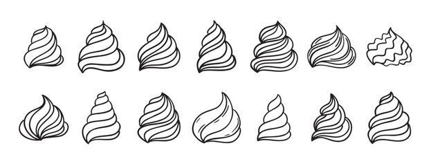 Cream for cakes or for ice cream doodle hand drawn icon set. Outline drawing cream for cakes or for ice cream line clipart symbol collection