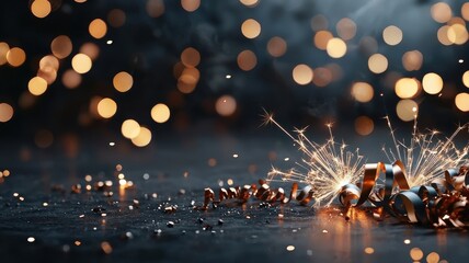 A close-up of metallic sparks dancing amidst glowing bokeh lights, creating a dynamic and festive atmosphere.