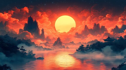 Serene Asian Landscape Sunset Over Misty Mountains