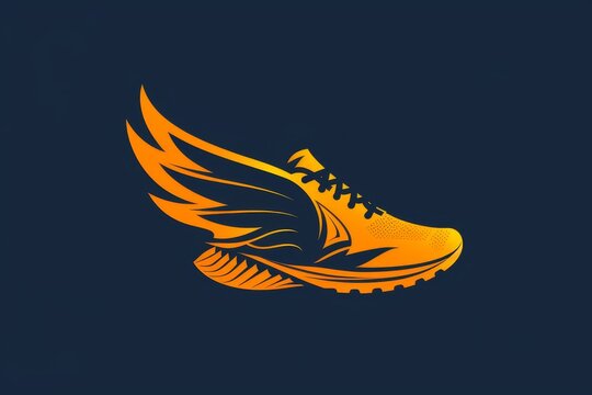 Dynamic Yellow Running Shoe Logo With Wings, A dynamic and energetic logo featuring a track and field running shoe with wings symbolizing speed and agility