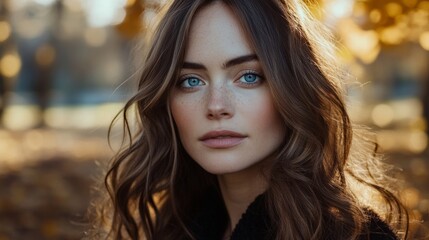 Naklejka premium A beautiful woman with long waves of hair, standing in a sunlit golden autumn setting, captures the essence of natural beauty and tranquility.