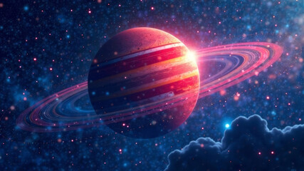 Surreal depictions of Jupiter with its luminous Great Red Spot immersed in a cosmic landscape adorned by stardust and mystical rings