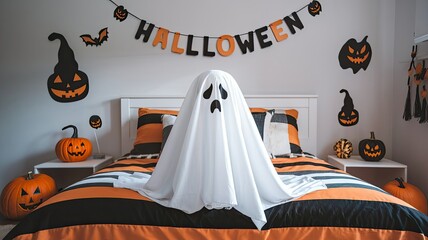 A cheerful ghost character sits on a bed highlighting Halloween decorations like pumpkins and bats. The room is vibrant and inviting for the festive season