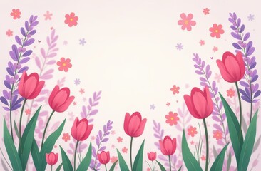Frame made with beautiful spring tulips, daisies, lilac on pink background, top view. Space for text