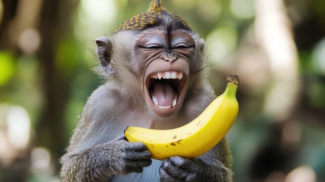 A monkey is laughing with a banana in its hands.
