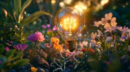A glowing light bulb surrounded by colorful flowers in a serene garden setting at sunset