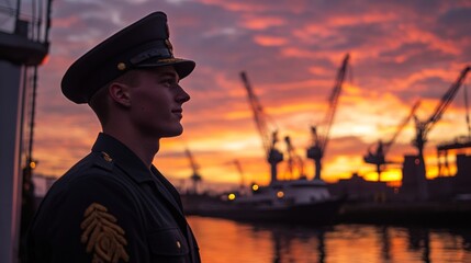 A soldier stands tall against a stunning sunset backdrop, showcasing strength and dedication in a dock setting.