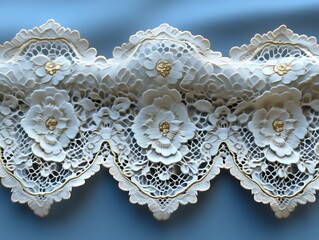 Obraz premium Elegant White Lace Fabric With Gold Floral Embellishments