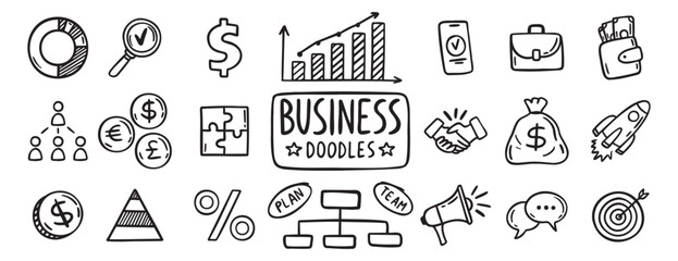 business doodle hand drawn icon set. Outline drawing business line clipart symbol collection