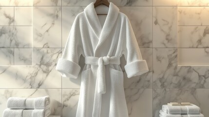The white bathrobe hanging on the wall