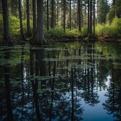 Reflection of a forest in a still lake.