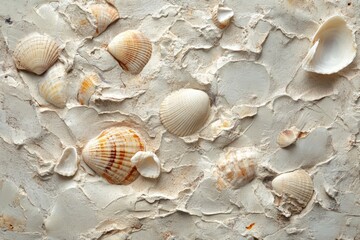 Sandy texture featuring small pebbles and seashells on a coastal surface during daylight