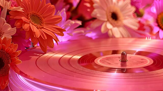 Vibrant vinyl rotation with floral background in pink hue display