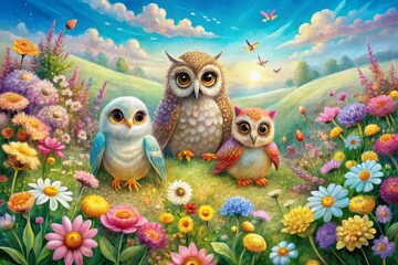 Adorable Watercolor Owls Surrounded by Colorful Flowers in a Playful Childish Style for Enchanting Landscape Photography