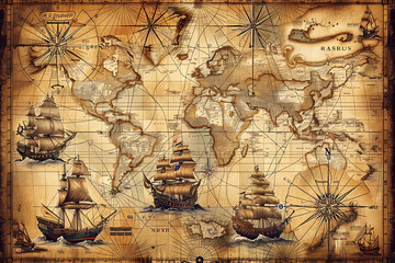 Fototapeta premium Vintage World Map with Sailing Ships and Compass Rose