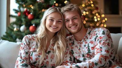Young married couple in pajamas sitting on a sofa against the background of a decorated Christmas tree in the house