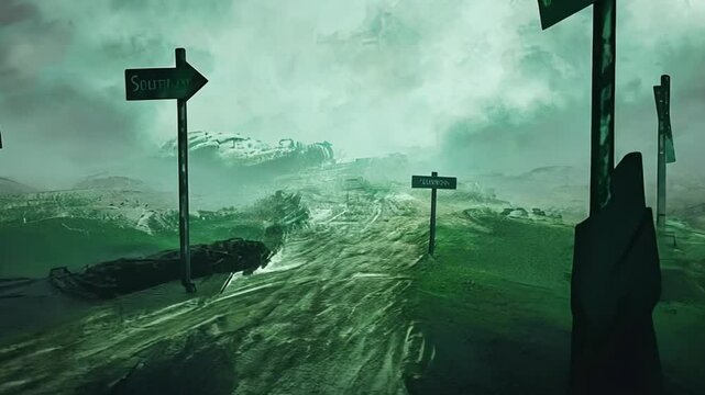 A lone figure stands lost in a foggy landscape surrounded by unclear signposts pointing in different directions.