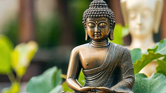 Bronze Buddha statue in peaceful meditation pose, surrounded by lush green foliage.