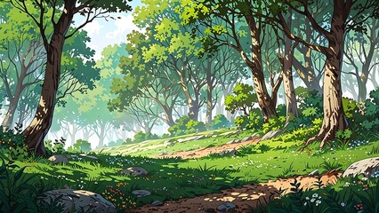 Fototapeta premium A serene forest scene with lush greenery, sunlight filtering through trees, and a winding path.