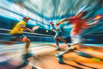 Three players compete in a dynamic pickleball match, showcasing intense action and speed, A dynamic pickleball match with players in intense focus