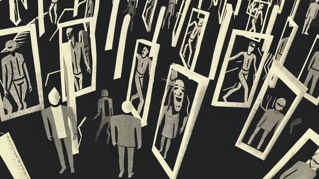A person wanders through a dark mirror maze filled with distorted reflections and mysterious pathways.