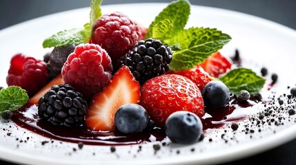 Fresh Berry Medley with Strawberries Blueberries Blackberries and Mint in Dessert Plate : Generative AI