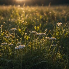 Sunlit flowers in a dewy meadow.