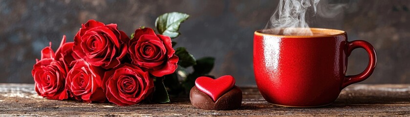 Fototapeta premium Romantic Composition of Red Roses, Heart-Shaped Chocolate, and Steaming Cup of Coffee on Rustic Wooden Table with Soft Background