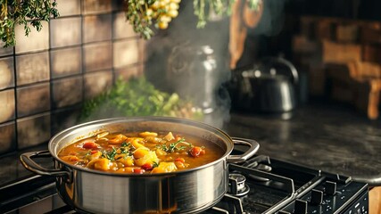 Steamy stovetop simmer: a hearty vegetable soup cooking sequence in cozy kitchen - Powered by Adobe