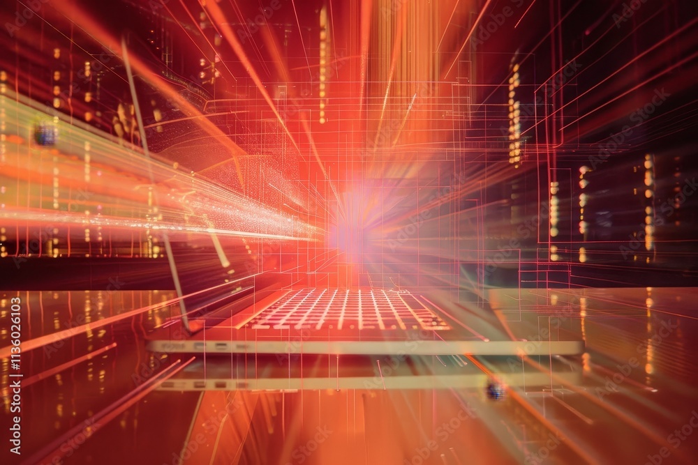Poster a laptop screen is depicted in a dynamic representation, with a red and orange light show emanating 