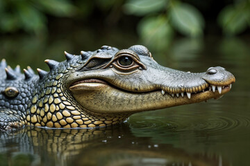Obraz premium Crocodile close-up, calm demeanor, floating in water, lush habitat background