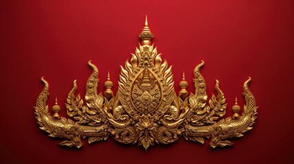 Obraz premium Golden ornamental design featuring intricate carvings of mythical creatures and floral patterns against a vibrant red background for cultural decor