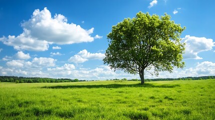 Serene Landscape with Lone Tree on Sunlit Green Field Under Blue Sky and Fluffy Clouds : Generative AI